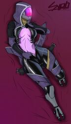 alien_girl blushing breasts cameltoe helmet hood laying_on_back laying_on_bed mass_effect pinup purple_skin quarian skintight_bodysuit sypherus tali'zorah_nar_rayya thick_thighs unzipped_bodysuit