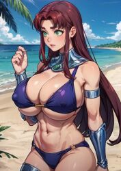 1girls abs ai_generated armlet beach big_breasts bikini breasts breasts_bigger_than_head busty_buff cleavage covered_nipples dc dc_comics female female_only gorget green_eyes huge_breasts long_hair midriff navel nipple_bulge outdoors outside parted_lips red_hair sideboob solo stable_diffusion starfire tampopo teen_titans underboob vambraces