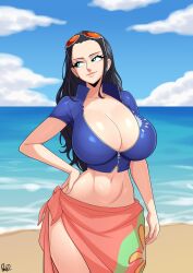 1girls archaeologist beach big_breasts black_hair blue_eyes blue_topwear breasts cleavage female female_only hand_on_hip inner_boob large_breasts long_hair looking_away midriff navel nico_robin one_piece pale-skinned_female pale_skin parvad pink_sarong plump_lips sarong sunglasses sunglasses_on_head thighs unzipped_shirt wide_hips