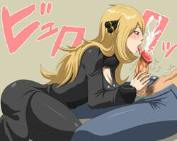 blush censored cum cum_explosion cynthia_(pokemon) fellatio female handjob human human_only kishio_(agedama) male oral penis pokemon straight tease teasing very_long_hair