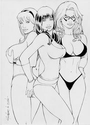 3girls ass bikini black_cat_(marvel) bra cleavage felicia_hardy female female_only greyscale gwen_stacy gwen_stacy_(classic) human large_breasts marvel mary_jane_watson monochrome multiple_girls panties rubismar_da_costa spider-man_(series) thong