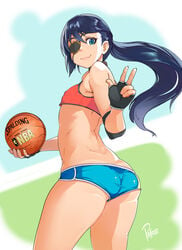 1boy androgynous ass basketball black_hair blue_eyes buruma crossdressing dat_ass eye_patch femboy girly long_hair male male_only nba pallasite ponytail short_shorts shorts solo sports_bra trap v