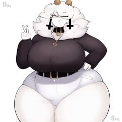 anthro anthro_only belt belt_buckle big_breasts breasts coat cross_earrings dog_collar female female_only fluffy_collar hair horns kay_(srnava) long_hair long_hair_female peace_sign sacrilegious smile srnava thick_breasts thick_thighs thighs white_hair white_pants