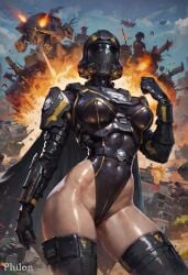 1girls ai_generated armor belt black_gloves black_leotard black_thighhighs boots breasts cape clenched_hand cloud cowboy_shot explosion female_pubic_hair fire gloves helldiver_(helldivers) helldivers_2 helmet highleg highleg_leotard large_breasts leotard outdoors philon pubic_hair pubic_hair_peek robot shiny_clothes shiny_skin shoulder_armor skindentation skull sky solo stable_diffusion standing thick_thighs thigh_boots thighhighs thighs