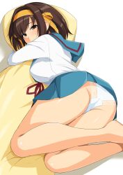 blue_skirt brown_eyes brown_hair eyebrows_visible_through_hair feet female_only haruhisky headband hugging_pillow panties red_ribbon school_uniform short_hair simple_background suzumiya_haruhi suzumiya_haruhi_no_yuuutsu thick_thighs white white_background white_panties yellow_headband yellow_ribbon