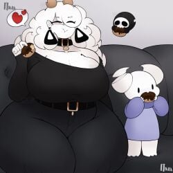 ass belt big_ass big_breasts big_earrings big_thighs black_pants breasts collar cute donut earrings eating eating_donut ghost hair happy heart horns huge_ass huge_breasts kay_(srnava) large_earrings large_thighs long_hair pants sitting sitting_on_couch small_ghost srnava thick_ass thick_thighs thighs white_hair wholesome