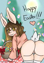 anthro anykoe ass basket brown_hair clothing container easter easter_egg egg equid equine fan_character female furniture genitals hair heart_eyes heart_symbol holidays horse hybrid lagomorph leporid long_hair looking_at_viewer mammal picnic_basket picnic_table pony pussy rabbit ribbons solo spicy_carrot_(anykoe) table tail text