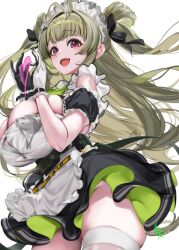 1girls blush cleavage female_only fully_clothed goddess_of_victory:_nikke green_hair large_breasts long_hair maid maid_headdress maid_uniform open_mouth purple_eyes sideboob smile soda_(nikke) thick_thighs thighhighs upper_teeth white_background