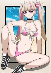 1girls bikini blonde_hair breasts choker daikiri_di_mon fortnite fortnite:_battle_royale hair_ornament lennox_rose_(fortnite) looking_at_viewer multicolored_hair pierced_belly_button piercing pink_eyes ponytail ponytails shoes smiling spread_legs