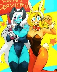 2021 2girls 33dot adventure_time blue_eyes bowtie bunnysuit cleavage female_only fionna_the_human_girl ice_queen_(adventure_time) large_ass large_breasts purple_eyes sign simple_background tagme thick_thighs thighhighs white_hair yellow_hair