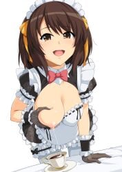 1girls bent_over black_gloves breast_squeeze brown_eyes brown_hair coffee_cup desk female_only grabbing_own_breast haruhisky lactating_in_cup lactation maid_apron maid_headdress maid_uniform pink_bowtie short_hair smiling_at_viewer suzumiya_haruhi suzumiya_haruhi_no_yuuutsu tea white white_background yellow_ribbon