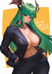 ap_cammy breasts darkstalkers female female_only green_eyes green_hair looking_at_viewer morrigan_aensland solo succubus