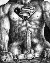 2006 clothes dc front_view greyscale kryptonian male male_only monochrome muscular penis proud_of_his_cock rough_canvas solo superman