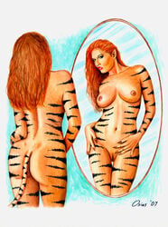 2007 avengers big_breasts female female_only hands_on_hips looking_at_mirror marvel navel nude osias reflection solo tagme tigra