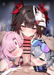 1boy 3girls bar_censor black_gloves black_pubic_hair bridal_gauntlets brown_hair censored collaborative_fellatio dombear eyewear_on_head fellatio fingerless_gloves fox_mask fu_xuan_(honkai:_star_rail) gloves grey_eyes grey_hair hair_ribbon hand_on_another's_head highres honkai:_star_rail honkai_(series) licking licking_penis looking_at_viewer male_pubic_hair mask mask_on_head multiple_girls one_eye_closed oral penis pink_eyes pink_hair pov pov_crotch pubic_hair ribbon silver_wolf_(honkai:_star_rail) sparkle_(honkai:_star_rail) sunglasses testicles tongue tongue_out triple_fellatio veins veiny_penis yellow_eyes