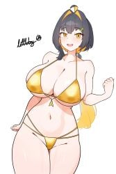 absurdres bikini black_hair blush breasts gold_bikini hair_ornament hairclip highres huge_breasts hyunmoo_v_(littleboy016) large_breasts littleboy_(littleboy016) long_hair low_ponytail multicolored_hair original ponytail simple_background swimsuit two-tone_hair white_background wide_hips yellow_eyes