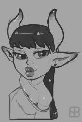 1girl cleavage demon_girl dress horns imp long_hair pointy_ears shortstack simple_background sketch upper_body