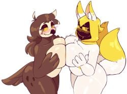 2026 2d 2d_(artwork) 2girls 78_g00n 87_g0d animal_ears anthro areolae avian avian_humanoid baena_(87_g0d) beak belly big_breasts bird bird_girl blush blush_lines breast_press breast_to_breast breasts chubby chubby_anthro chubby_belly chubby_female color colored completely_naked completely_naked_female completely_nude completely_nude_female digital_drawing_(artwork) digital_media_(artwork) duo duo_female female female_only furry furry_female glistening glistening_body hands_on_breasts hands_on_own_breasts looking_at_viewer marlene_(crumbleferret) multi_tail naked naked_female nude nude_female owl owl_girl simple_background tail thick_thighs thighs tuft white_background