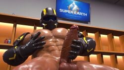 3d bara buff gym helldiver_(helldivers) helldivers helmet male masturbation nipple_play partially_clothed solo_focus sweaty_body tv