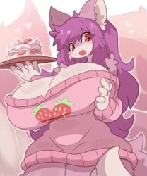 1female 2024 2024s anthro big_breasts boobs breasts cake female female_pred fox fox_ears fox_girl fox_tail furry furry_female furry_only heart_symbol holding_food kitsune large_breasts low-angle_view multiple_tails no_pants nyaswitchnya oc pantsless pink_body pink_fur pink_skin pink_skinned_female purple_hair purple_hair_female red_eyes sweater