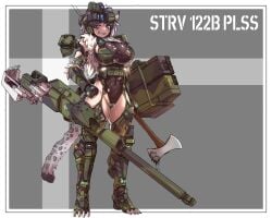 1girls abs animal_ears armored_boots armored_gloves artist_request axe blue_eyes boots breasts cannon character_request english_text fingerless_gloves full_body fur_shawl gloves grey_hair headset highleg highleg_leotard highres holding holding_axe large_breasts leopard_tail leotard looking_at_viewer mecha_musume military military_vehicle personification scar scar_across_eye scar_on_face shawl skindentation slit_pupils smile snow_leopard_ears snow_leopard_tail solo tail teeth thighs torn_clothes torn_leotard white_fur