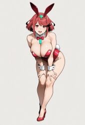1girls :d ai_generated alternate_costume animal_ears bangs bare_legs bare_shoulders blush bow bowtie breasts bunnysuit chest_jewel cleavage clothing detached_collar drop_earrings earrings fake_animal_ears fake_tail female footwear full_body grey_background hands_on_own_knees hands_on_own_thighs headwear high_heels highleg highleg_leotard homura_(xenoblade_2) jewelry large_breasts leaning_forward legs leotard looking_at_viewer open_mouth playboy_bunny pyra_(xenoblade) rabbit_ears rabbit_tail red_bow red_bowtie red_eyes red_footwear red_hair red_leotard shoes short_hair simple_background smashai smile solo standing strapless strapless_leotard super_smash_bros. swept_bangs tail thighs tiara upper_teeth_only wrist_cuffs xeno_(series) xenoblade_(series) xenoblade_chronicles_2