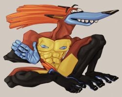 20th_century_fox 4_fingers 5:4 5_toes abs absurd_res anthro belly black_arms black_eyebrows black_eyelids black_legs black_nose blue_face blue_nipples blue_palms blue_penis blue_soles canid canine collarbone colored_nails eyebrows feet fingers floating_eyebrows fox fox_kids frankenfox genitals gloves_(marking) hair hi_res humanoid_feet humanoid_hands leg_markings long_arms long_ears long_feet long_hair long_legs long_muzzle long_neck long_pubes male mammal markings mascot multicolored_body muscular muscular_male nails nipples orange_body pecs peeking_penis penis plantigrade pointy_nose pubes ravuer sharp_teeth silly_face simple_background sitting socks_(marking) solo teeth toes two_tone_feet two_tone_hands white_nails yellow_belly