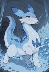 ai_generated blue_ear_tips blue_fur blue_theme cave chillet fat_mons female_ejaculation female_orgasm feral ferret furry_female ice long_body looking_pleasured motion_lines noodle_jacuzzi orgasm pal_(species) palworld rocks smile solo squirting trembling twitching underground wavy_mouth white_countershading
