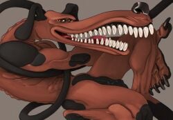 absurd_res anthro black_claws black_markings black_nose black_penis brown_body brown_skin canid canine canis claws clayfighter domestic_dog dorsal_ridge flaccid genitals hi_res lockjaw_pooch long_ears long_legs long_muzzle long_tail long_teeth male mammal markings penis ravuer reclining red_eyes relaxing sharp_teeth simple_background sitting small_eyes smile solo tail teeth thin_tail vein veiny_penis