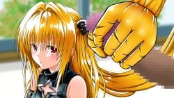 1girl 1other bare_shoulders black_dress blonde_hair blurry blurry_background blush censored closed_mouth clothing_cutout commentary_request dress erection eyebrows_hidden_by_hair furrowed_brow hair_between_eyes hair_intakes hairjob handjob highres konjiki_no_yami lips long_hair looking_at_penis mosaic_censoring paid_reward_available penis perverted_utility prehensile_hair red_eyes sidelocks sleeveless sleeveless_dress star_cutout straight_hair to_love-ru two_side_up upper_body very_long_hair xyozu