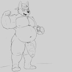 1:1 5_fingers absurd_res alcohol anthro balls barazoku beer belly beverage beverage_can big_balls big_penis canid canine canis clothing digital_media_(artwork) fingers flexing foreskin fox fur genitals growth hat headgear headwear hi_res huge_balls huge_penis humanoid_genitalia humanoid_penis hyper hyper_balls hyper_genitalia hyper_penis looking_at_viewer male mammal monochrome muscular muscular_anthro muscular_male nipples nude penis satechi(oc) satechimain simple_background solo vein veiny_penis