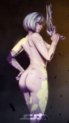 1girls artist_name ass bungie convenient_arm convenient_censoring destiny_(game) destiny_2 glowing_eyes glowing_tattoo gun holding_gun holding_weapon humanized humanized_weapon looking_at_viewer looking_back looking_back_at_viewer nude nude_female personification simple_background sole_female soles tasteful_nudity tattoo white_hair yellow_eyes
