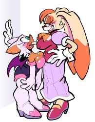 anthro bat big_breasts blush breasts brown_eyes female galactabee green_eyes larger_female lipstick nipple_bulge orange_hair rabbit rouge_the_bat sega size_difference smaller_female sonic_(series) vanilla_the_rabbit video_games yellowjackinit