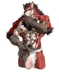 alpha_channel anthro big_penis black_hair canid canine canis chest_hair flaccid_penis furry furry_only gay lee male mammal muscles muscular_male nipple_piercing nipples pants red_body red_eyes red_fur scar scar_on_face solo tatto underwear werewolf wolf