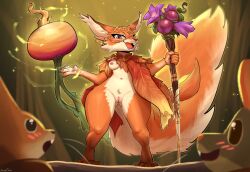 absurd_res anthro big_tail breasts buckteeth clothing countershading exposed_breasts female food fur genitals hasbro hazel_(magic:_the_gathering) hi_res ineffective_clothing jewelry leaf_clothing magic:_the_gathering mammal orange_body orange_fur plant psakorn_tnoi rodent sciurid small_breasts solo staff tail teeth thick_thighs vegetable vulva wide_hips wizards_of_the_coast