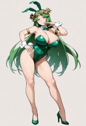 1girls ai_generated animal_ears armlet bare_legs bare_shoulders blush bow bowtie breasts bunnysuit circlet cleavage clothing collarbone covered_navel detached_collar fake_animal_ears fake_tail female footwear forehead_jewel full_body green_bow green_bowtie green_eyes green_footwear green_hair green_leotard grey_background grin hand_on_own_hip high_heels highleg highleg_leotard huge_breasts kid_icarus large_breasts laurel_crown legs leotard long_hair long_legs looking_at_viewer palutena parted_bangs playboy_bunny rabbit_ears rabbit_tail shoes simple_background smashai smile solo standing strapless strapless_leotard super_smash_bros. tail thighs tiara traditional_bowtie very_long_hair wrist_cuffs