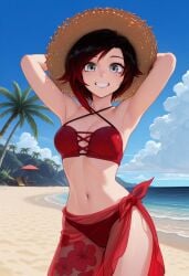 1girls ai_generated beach bikini female_only looking_at_viewer ocean ruby_rose rwby sarong shiny_hair shiny_skin solo solo_female tagme