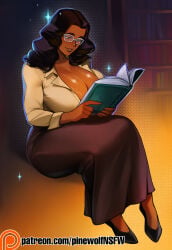 1girl ai_generated black_footwear black_hair book bookshelf breasts brown_skirt cleavage collared_shirt dark-skinned_female dark_skin full_body glasses holding holding_book huge_breasts lips long_hair long_skirt mature_female open_book parted_lips pinewolfnsfw plunging_neckline reading shirt sitting skirt smile solo very_dark_skin