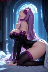 1girl ai_generated ass bare_shoulders black_legwear blindfold breasts cleavage collar curtains detached_sleeves dress elbow_gloves facial_mark fate_(series) gloves hi_res high_quality high_resolution indoors kiraamane kneeling large_breasts lips long_hair medusa_(fate) patreon purple_hair rider seductive sexy shiny shiny_clothes shiny_skin solo strapless strapless_dress thigh_strap thighhighs uncensored very_long_hair watermark
