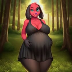 ai_generated animal_crossing animal_crossing_girl anthro anthro_female black_dress cherry_(animal_crossing) dog_girl female female_only furry lazybonesai nintendo pregnant pregnant_belly pregnant_female red_fur solo solo_anthro solo_female