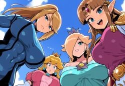 4girls abs ai_generated bare_shoulders blonde_hair blue_bodysuit blue_dress blue_eyes blue_sky bodysuit breasts brown_hair clothing cloud covered_navel crossover crown day dress earrings elbow_gloves female from_below gloves hair_over_one_eye headwear impossible_bodysuit impossible_clothes jewelry large_breasts long_hair looking_at_viewer looking_down mario_(series) metroid mini_crown mole mole_under_mouth multiple_girls muscular muscular_female off-shoulder_dress off_shoulder open_mouth parted_bangs parted_lips pink_dress pointy_ears ponytail princess_peach princess_rosalina princess_zelda rosalina samus_aran sidelocks skin_tight sky smashai smile sphere_earrings star_(symbol) teeth the_legend_of_zelda tiara toned white_gloves zero_suit