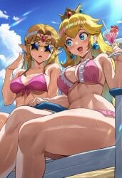2girls :d ai_generated bare_arms bare_legs bare_shoulders beach bikini blonde_hair blue_eyes blue_sky blush breasts cleavage clothing cloud cocktail_glass collarbone crown cup day drink drinking_glass drinking_straw earrings eyewear_on_head female frilled_bikini frills front-tie_top heart-shaped_eyewear holding holding_cup hot jewelry large_breasts long_hair medium_breasts motion_lines multiple_girls navel open_mouth outdoors parted_bangs pink_bikini pink_swimsuit pointy_ears princess_peach princess_zelda sitting sky smashai smile sphere_earrings star-shaped_eyewear stomach sunglasses sunlight super_smash_bros. sweat swimsuit thighs tiara tinted_eyewear triforce underboob wet