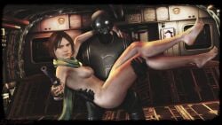 1girls 3d areolae ass barefoot blaster breasts carrying_partner droid_(star_wars) ethaclane feet female gun ipples jyn_erso k-2so nude pistol rogue_one:_a_star_wars_story scarf soles star_wars