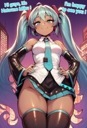 ai_generated blue_eyes blue_hair boobs breasts cocky69 comic_page dress english_text female female_only hatsune_miku hi_res no_panties sleeves text thick_thighs tights