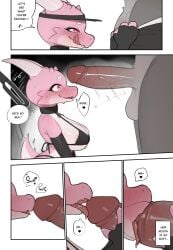 anthro areola balls big_breasts biped breasts clothed clothing comic dialogue duo english_text erection fellatio female female_penetrated genitals glans hi_res homuro licking male male/female male_penetrating non-mammal_breasts oral penetration penile penis penis_lick pink_body scalie sex speech_bubble text tongue vein veiny_penis