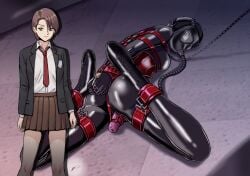 1girl arms_at_sides arms_behind_back bdsm before_and_after blazer bodysuit bondage bondage_outfit bound bound_arms bound_legs bound_wrists breasts brown_eyes brown_hair brown_skirt chain collared_shirt commentary_request corset dildo gas_mask hair_behind_ear indoors jacket key kudou_kuon latex latex_bodysuit lock looking_at_viewer loose_necktie lying mask medium_breasts necktie object_insertion on_floor on_stomach original padlock parted_hair pleated_skirt red_corset red_necktie restrained school_uniform sex_toy shirt shirt_tucked_in short_hair skirt standing strap swept_bangs thighs tile_floor tiles vaginal vaginal_object_insertion white_shirt