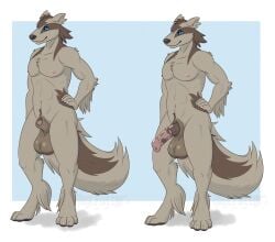 al_(alex.fetter) alex.fetter animal_genitalia animal_penis anthro balls big_balls blue_background blue_eyes blue_sclera border brown_body brown_fur equine_genitalia equine_penis flaccid fur generation_3_pokemon genitals half-erect hi_res huge_balls linoone male nintendo nipples nude penis pokemon pokemon_(species) sheath simple_background solo tail white_border