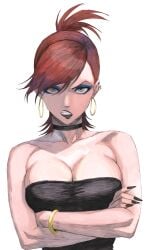 1girls 2d 2d_(artwork) angry angry_expression angry_face big_breasts black_lipstick blue_eyes boob_window breasts choker crossed_arms ear_piercing earrings eyelashes eyeliner female female_only foster's_home_for_imaginary_friends frankie_foster hex_mamaniac huge_breasts lipstick makeup nail_polish pierced_ears red_hair redhead redhead_female round_breasts simple_background solo_female tagme wristband