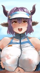 1boy :d absurdres animal_ears arknights bangs bare_shoulders blue_sky blush breast_squeeze breasts brown_eyes clothing collarbone covered_nipples cow_ears cow_girl cow_horns cum day erect_nipples erect_nipples_under_clothes eyebrows_behind_hair female highres horns huge_breasts large_breasts looking_at_viewer nipples official_alternate_costume open_mouth outdoors oza_osuwari paizuri paizuri_under_clothes purple_hair see-through see-through_clothing short_hair sideroca_(arknights) sideroca_(light_breeze)_(arknights) signature sky smile solo_focus straight sweat titfuck uncensored upper_body