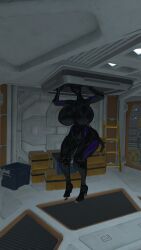 alien_(franchise) alien_girl black_body huge_breasts shiny_skin thicc thicc_thighs vrchat vrchat_avatar xenomorph xenomorph_queen xenomorph_tail